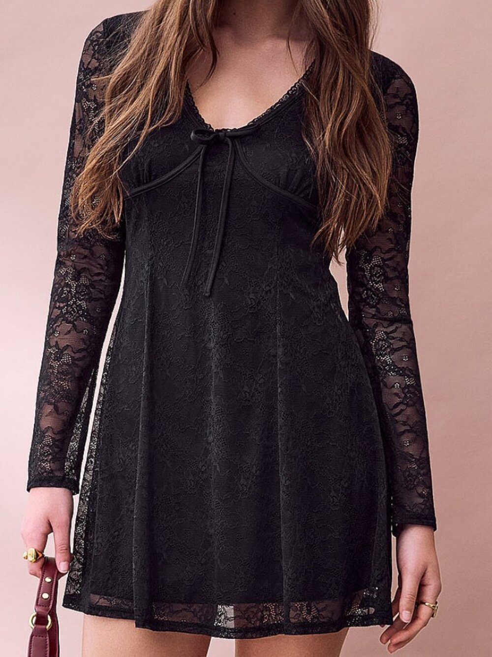 NWT Bow-detail V-neck stretch lace skater minidress black